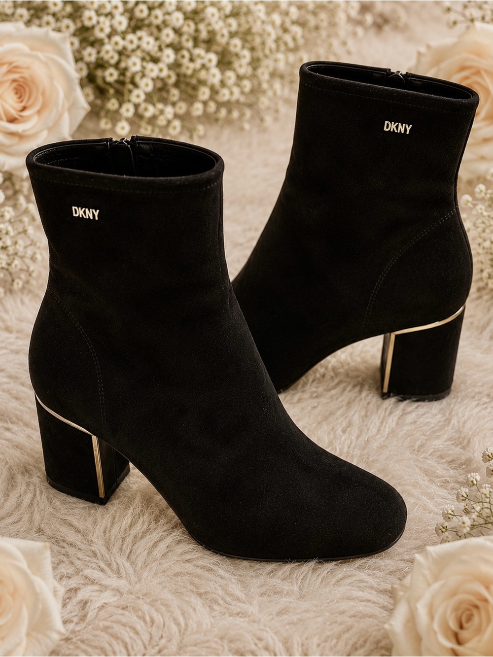 DKNY Black Suede Mid-Heel Ankle Booties